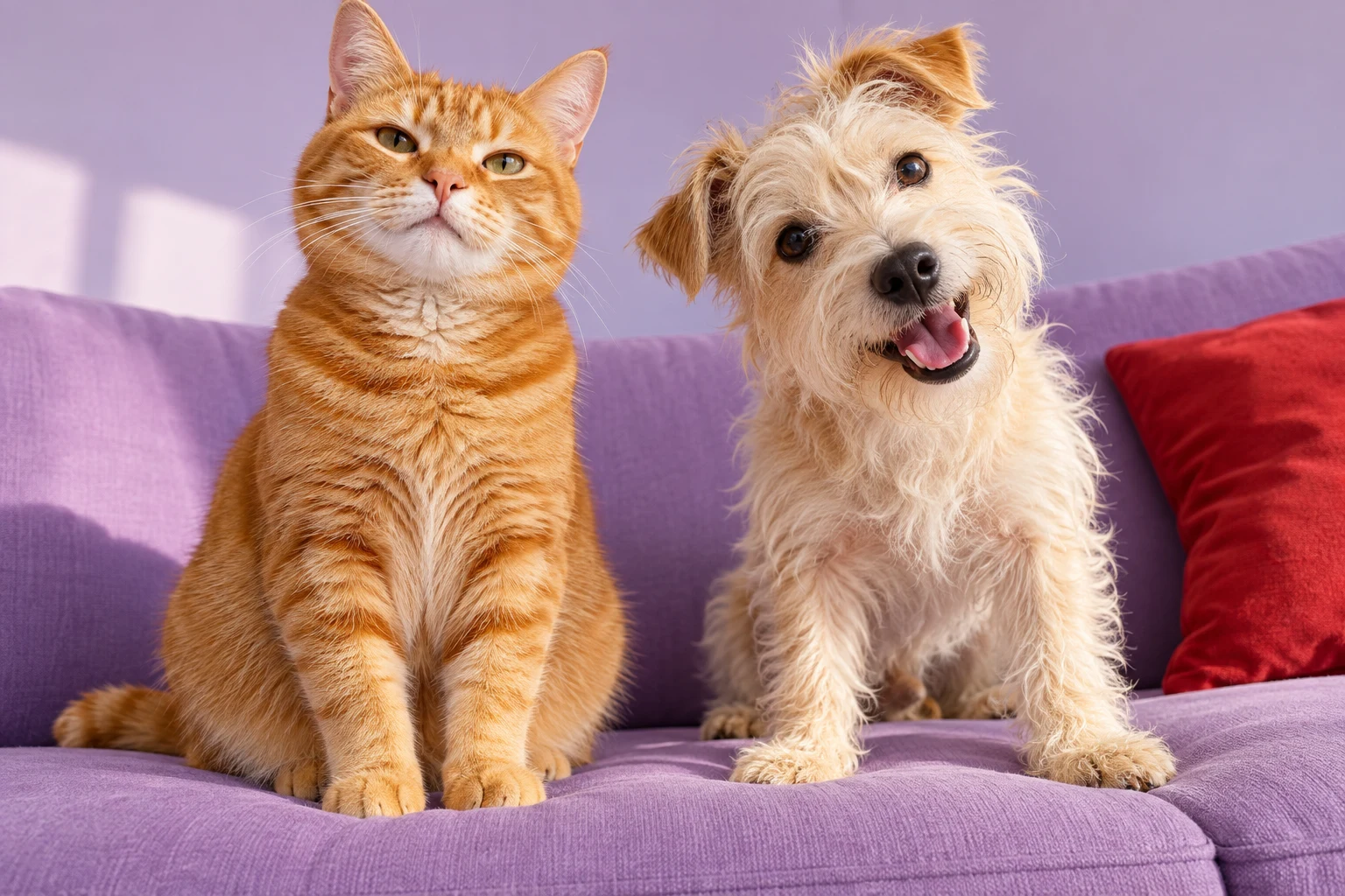 Cove the cat and Nuzzle the dog resting on a lavender sofa